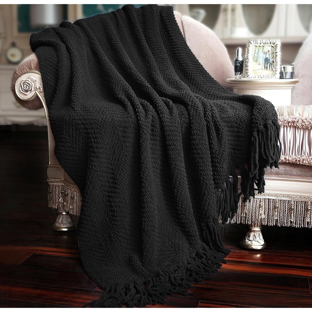 Jumbo Raven Tweed Knitted Throw Blanket Tassel  Bed Sofa Couch Chair 60 x 80"